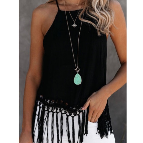Black Tank With Fringed Hem - Picture 3 of 5